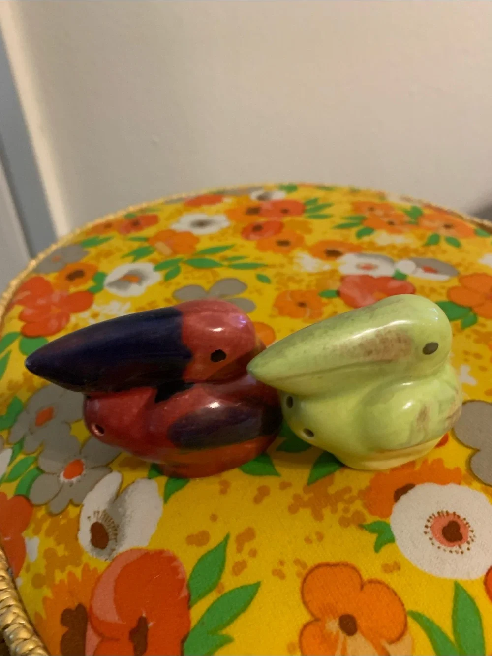 Vintage Ceramic Bird Salt & Pepper Shakers - Red/Black and Lime Green